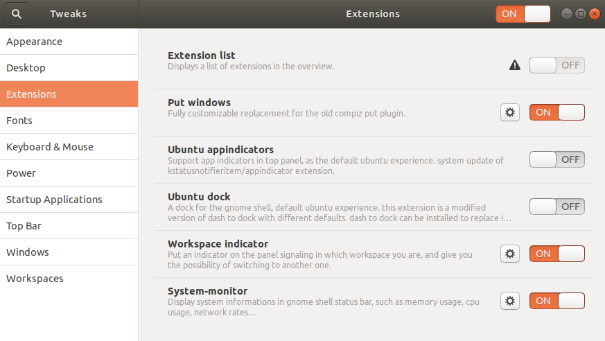 extensions settings in ubuntu 18